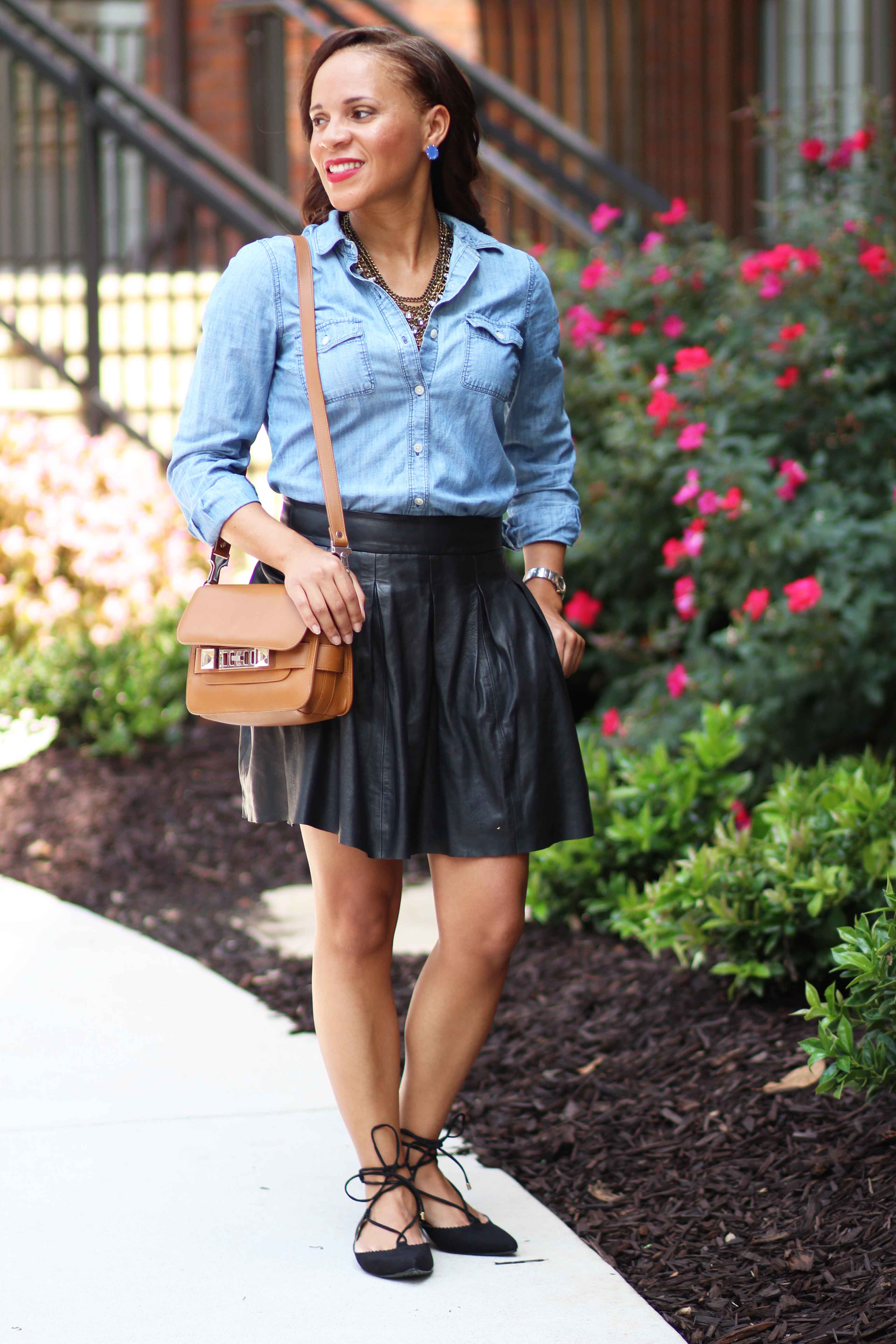 denim shirt and leather skirt
