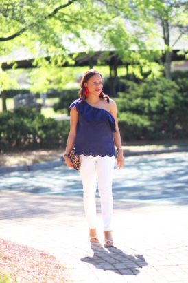 Navy One Shoulder Ruffle Top