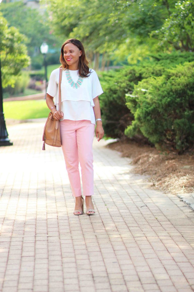 blush pink pants outfit