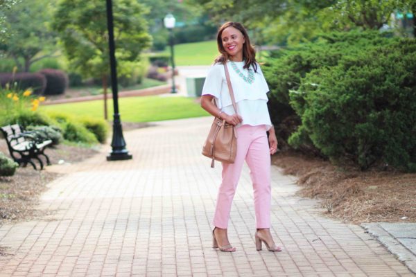 blush pink pants outfit